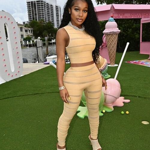 Mesh Sheer Patchwork Striped Two Piece Set Women Crop Top and Pants Leggings Matching Sets Clubwear 2 Piece Outfits Wholesale