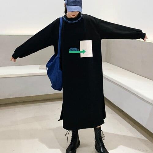 2020 Autumn Winter Harajuku Hoodies Dress Women Black Maxi Plus Size Sweatshirt Casual Split Geometric Print Vestidos Robe Lady