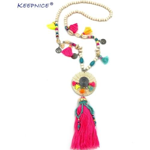 Handmade weaved pendant Necklace Boho colorful shell beaded chain unique Bohemia long fringe tassel Necklaces for women summer