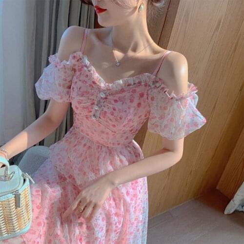 Bella new Summer Pink Floral Dresses Women Elegant Princess Casual Fit Chic Midi Boho Dress V-neck French Strap Fairy Dress 2021