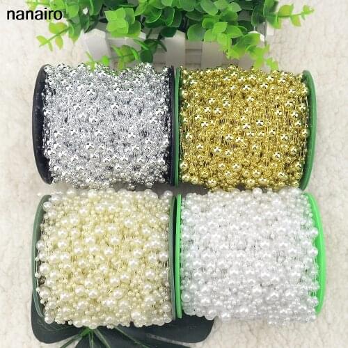 5M/Lot Gold/White/Silver Fishing Line Artificial Pearls Beads Chain Garland Flowers For Wedding Bridal Bouquet Flower Decoration