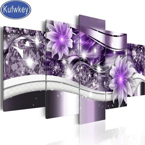 Diamond painting 5 panel diamond embroidery purple lily mosaic square drill 3d diy picture of rhinestone Amazing wall decor