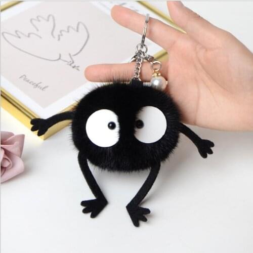 Plush Black Carbon Coal Ball Keychain Soft Stuffed Toy Pendant Pink Real Mink Fur Toy Bag Key Purse Decorate Chain Keyring