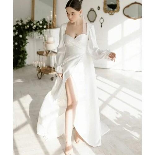Elegant Long Sleeve Satin Wedding Dresses with Pockets Side Slit Corset Back A-Line Robes De Mariée Bridal Gown For Women