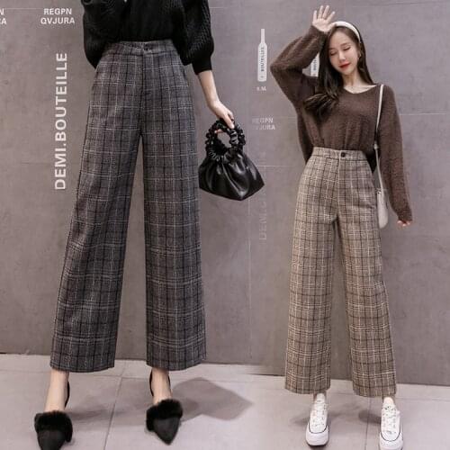 Plaid woolen pants 2020 autumn winter retro loose high waist wide leg pants fashion Trousers for women