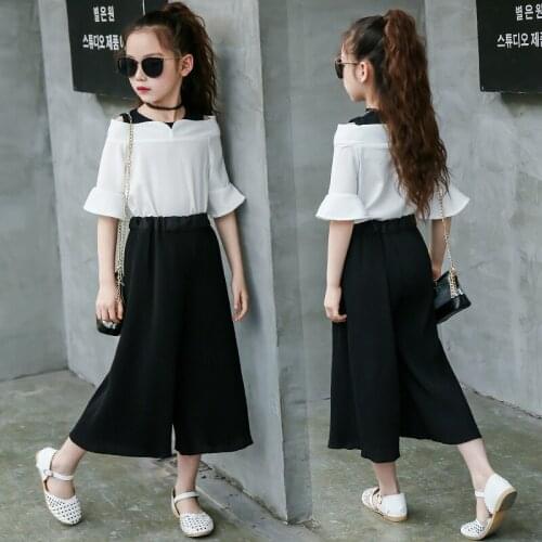 Summer Children Clothing Sets Fashion Kids Clothes Set Baby Girls Outfits Sling Chiffon Shirt +Loose Black Leggings 2Pcs Suit