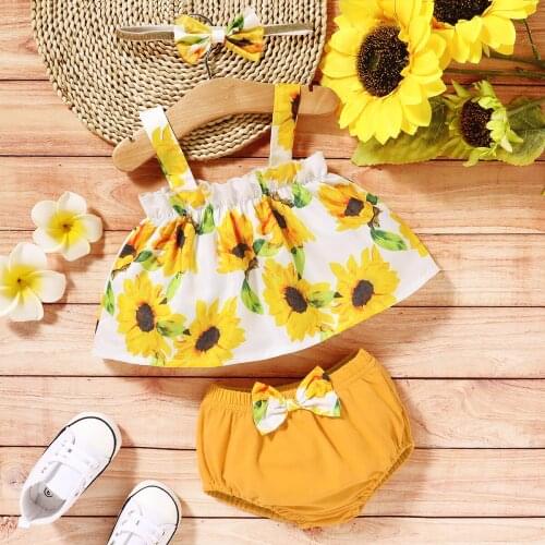 Emmababy Summer Newborn Baby Girl Clothes Sets Sunflower Print Off Shouder Strap Crop Tops Shorts Headband 3Pcs Outfits 0-18M