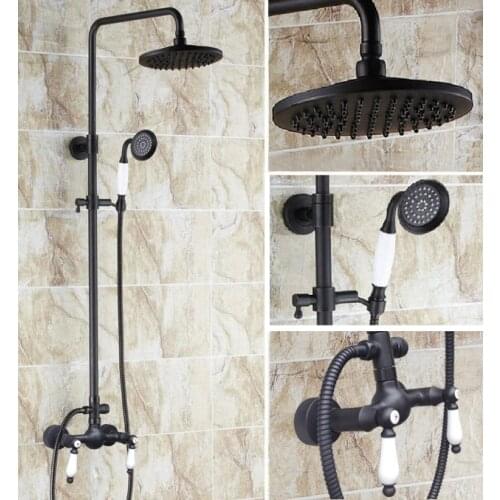 Brass Black Oil Rubbed Bronze Bathroom Rainfall Bath Shower Mixer Tap Faucet Dual Ceramic Handles Wall Mounted ars474