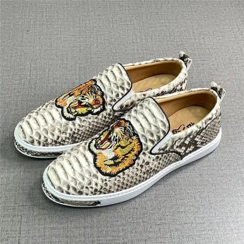 Cool Tiger Designer Authentic True Python Leather Men Casual Chic Flats Loafers Exotic Genuine Real Snakeskin Male Slip-on Shoes