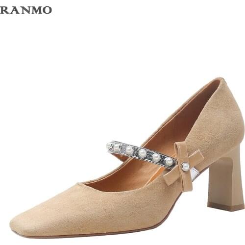 Mary Jane Women Black Pumps 2021 Spring Genuine Leather Sheep Suede Pearl Decoration Shoes Woman Heels Working Basic Women Shoes