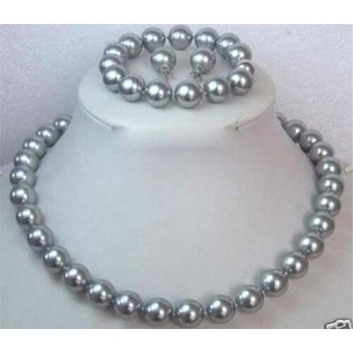 FASHION 10MM GRAY SOUTH SEA SHELL PEARL NECKLACE BRACELET EARRINGS SET