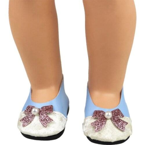 New Pattern Fashion Blue Pearl Bow Shoes Fit 18 Inch American&43cm Baby New Born Doll Clothes Accessories Girls' Toys