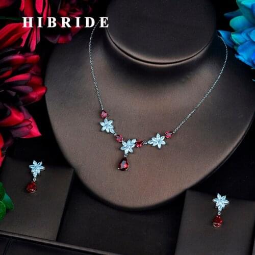 HIBRIDE Red And Clear Water Drop Cubic Zircon Wedding Bridal Small Jewelry Sets Necklace Sets High Quality Jewelry N-535