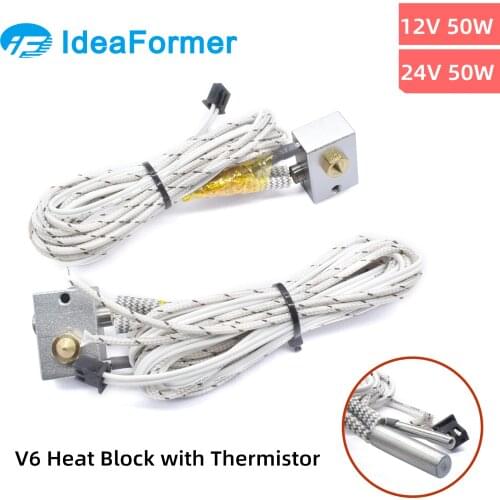 V6 Heating Aluminum Block+NTC100K Thermistor with XH2.54 terminal+12V/24V 50W Heating Tube for V6 J-head Hotend 3D printer Parts