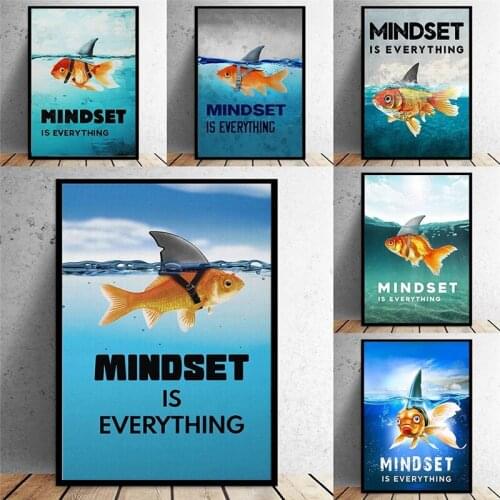 Nordic Blue Wall Art Poster Animal prints Picture Mindset Is Everything Motivational Shark Fish Canvas Painting for Home Decor
