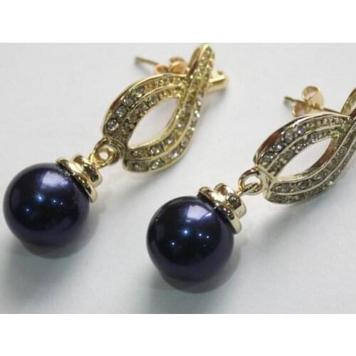 Latest fashion ladys nicest 18KGP with crystal plated leave shape +12mm purple pearl bread earring