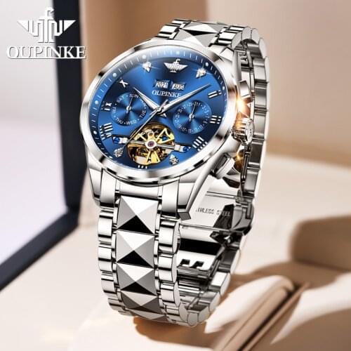 OUPINKE Men Watches Sapphire Glass 007 Automatic mechanical Watch Waterproof Business Tourbillon Stainless Steel Wristwatch