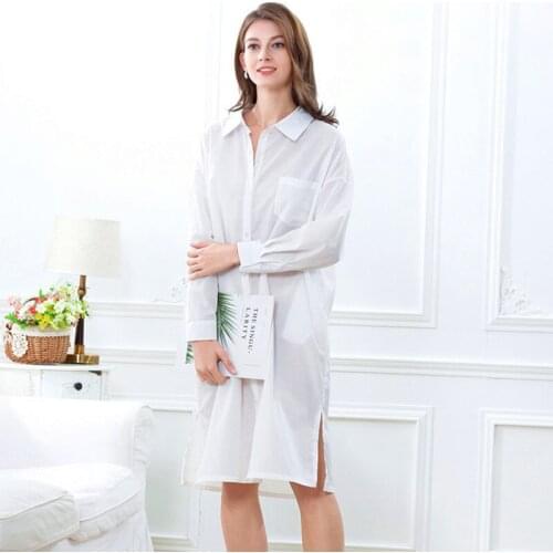 Plus Size Night Dress Women Long Sleeve Cotton Nightgowns Lapel Fashion Ladies Nightshirt Loose Nightwear Sleepshirt M XL 2XL