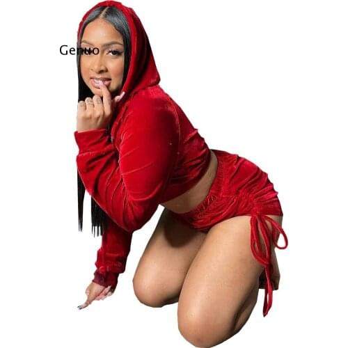 Pink Velvet Sexy Sporty 2 Piece Sets Womens Outfits Casual Tracksuit Long Sleeve Hoodies Crop Tops and Shorts