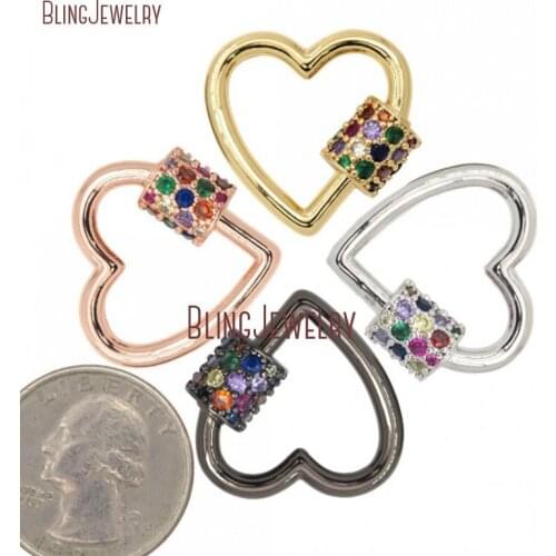 Rose Gold Silver Gun black Small Stoned Heart Lock Clasp CZ Micro Pave Screw Clasp Lock Carabiner Pave Charm Holder 25mm FC29940