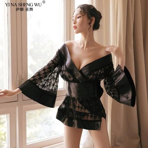 Japanese Kimono Cardigan Mujer Women Haori Lace Sexy Sleepwear Yukata Satin Short Bath Robe Female Dress Party Geisha Costume