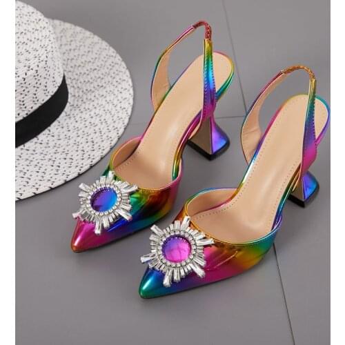2020 Rainbow Color Women Sandals Pointed Toe Sun Style Rhinestone High Heels Weeding Shoes Spike Heel Slingback Pumps