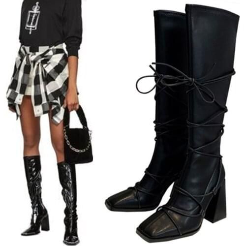 High-heeled Women Long Boots Square Toe Knee-high Boots Cross Straps Skinny Stretch Boots Black Shoes Woman Botas Botines Mujer