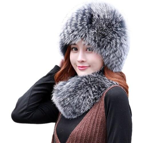 Women Real Fox Fur Scarf Hat Set Female Winter Warm Beanie Cap Neckerchief For Lady Handmade Fluffy Soft
