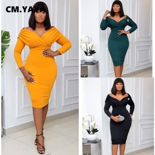 CM.YAYA Active Wear Solid Wrist Sleeve V-neck Office lady Women Bodycon Midi Dress Streetwear Midi Dresses