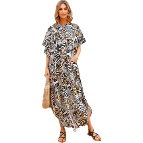 Women Zebra Tiger Print Beach Dress Button Down Loose Kaftan Swimsuit Cover Up