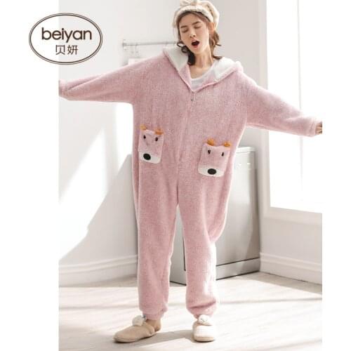 Winter Womens Coral Velvet Pajamas Lovely Hooded Cartoon Girl Long Sleeve Home Warm Fall Set