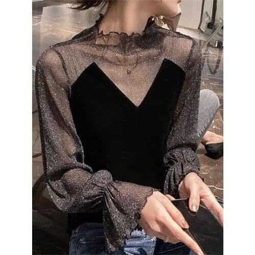 Gold velvet bottoming shirt, all-match high-end lace in autumn and winter, with western flashing and mesh top woman tshirts