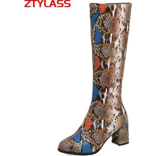 2021 Fashion Snake Print Knee High Boots Autumn Women Boots Square High Heel Long Boots Zipper Winter Boots Shoes Big Size 33-45