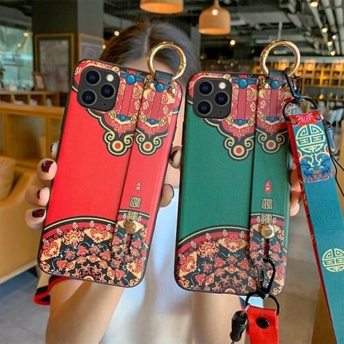 3D Emboss New Year Phone Case For iPhone X XS XR 11 12 Pro Max Soft Back Cover for iphone 7 8 Plus Wrist Strap Case Ring Lanyard