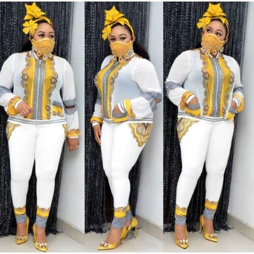 African Clothing Women Casual Suit Two Picec Set Fashion Printing Hot Drilling Zipper Jacket Tops Pencil Pants Matching Outfits