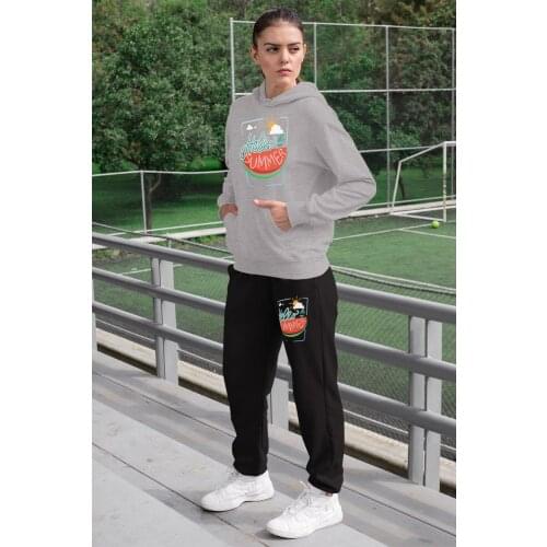 Angemiel Wear Colorful Hello Summer Women Tracksuit Set Gray Hooded Sweatshirt Black Sweatpants