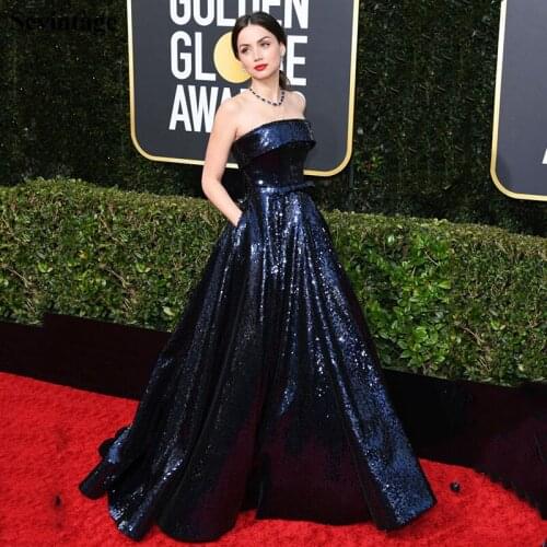 Strapless Sequines Celebrity Dress for Golden Globe Plus Size Glitter Evening Gowns with Bow Pockets Red Carpet Dress