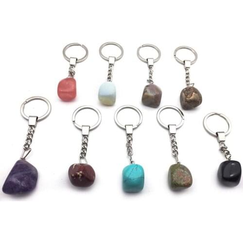 Irregular Natural Stone Keychain Hanging Rope Silvertone Key Ring For Women Men Stone Featured Bag Charm Healing Energy