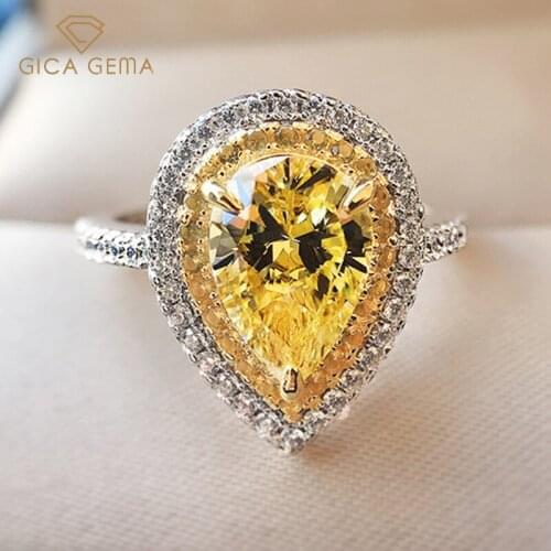 GICA GEMA Water Drop Shape Yellow Diamond Rings For Women Girl Real 925 Sterling Silver Zircon Gemstone Fine Jewelry Female Gift