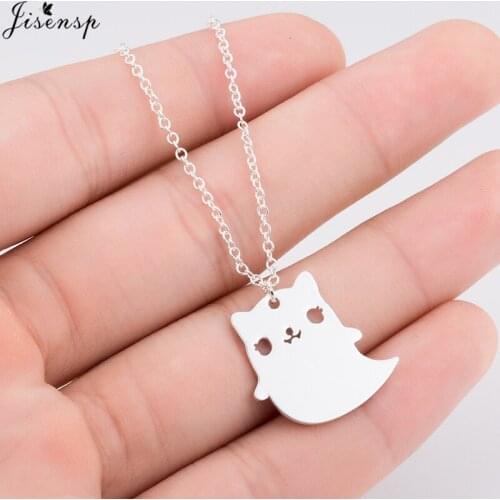 Jisensp Summer Style Jewelry Cute Flying Ghost Necklace for Kids Kitty Face Big Ghost Long Chain Necklace Collares Women Gifts