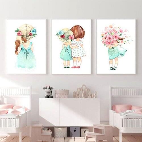 Cute Cartoon Girl Canvas Painting Prints Lovely Girl Silhouette and Flowers Posters Pictures for Kids Room Home Decor Wall Art