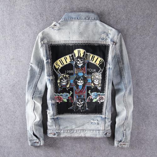 Fashion Streetwear Men Jackets High Quality Retro Ligth Blue Patches Designer Denim Jacket Men Skulls Printed Hip Hop Jackets