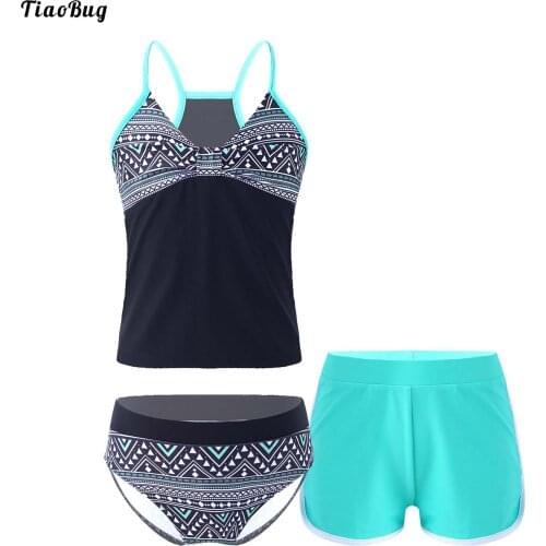 TiaoBug Summer 3Pcs Kids Girls Print Swimwear V Neck Straps Tops With Briefs And Shorts Set For Beach Pool Swimming Bathing