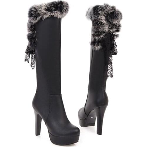 Fur Winter Boots 11cm High Heels Platform Mid Calf Boots Black White Lace Women Shoes Fashion Slip On Ladies Shoe Plus Size 43