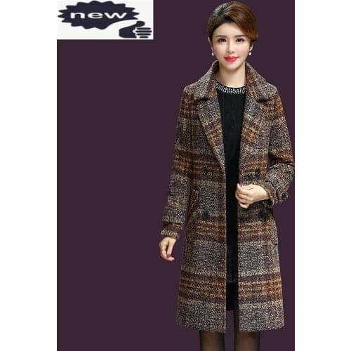 Fashion Wool Blend Long Coat Female Winter Plaid Double Breasted Elegant Outerwear Warm Office Lady Slim Jacket Plus Size 5XL