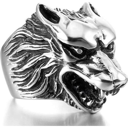 Fashion Overbearing Mens Wolf Head Ring Personality Retro Ice Wolf Cast Titanium Steel Ring Super Cool Body Defense Ring