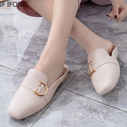 IF IFOND Fashion D Letter Square Toe Mules Shoes Women Soft PU Leather Flats Slippers Woman Outdoor Casual Bucket Summer Slides