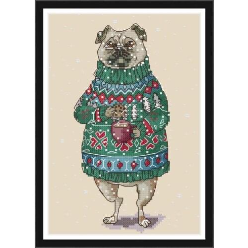 Joy Sunday Cross Stitch Kits Dog Drinking Coffee Printed on Canvas Pattern DMC 11&14CT DIY Print Cloth Handmade Needlework Sets