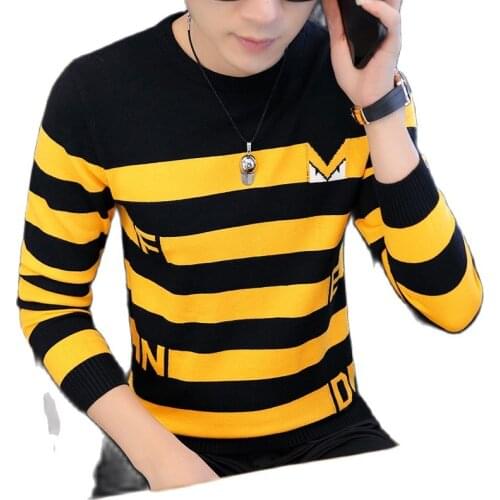 Autumn and winter new long-sleeved T-shirt mens fashion striped sweater Korean knit mens clothes
