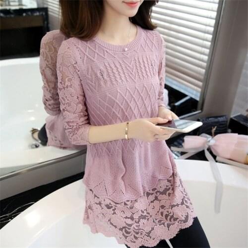 Clothes Lace Patchwork Pullovers 2021 Korean Autumn New Fashion Long Women Sweaters Long Sleeve O-neck Knitwear 62917